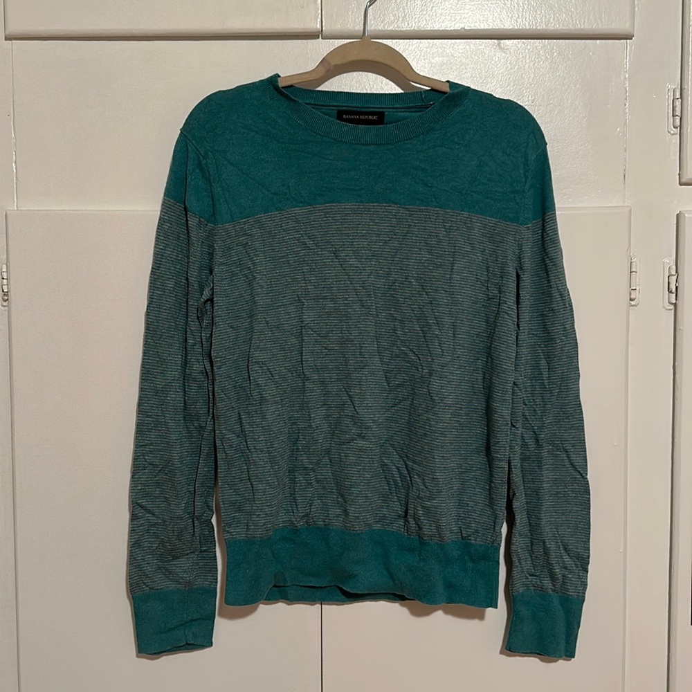 Banana Republic Cotton/Cashmere Blend Striped Turquoise Crewneck Sweater